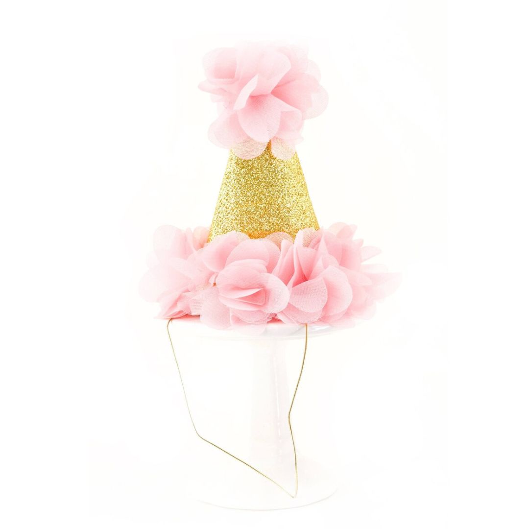 Golden Conical Hat with Pink Flower