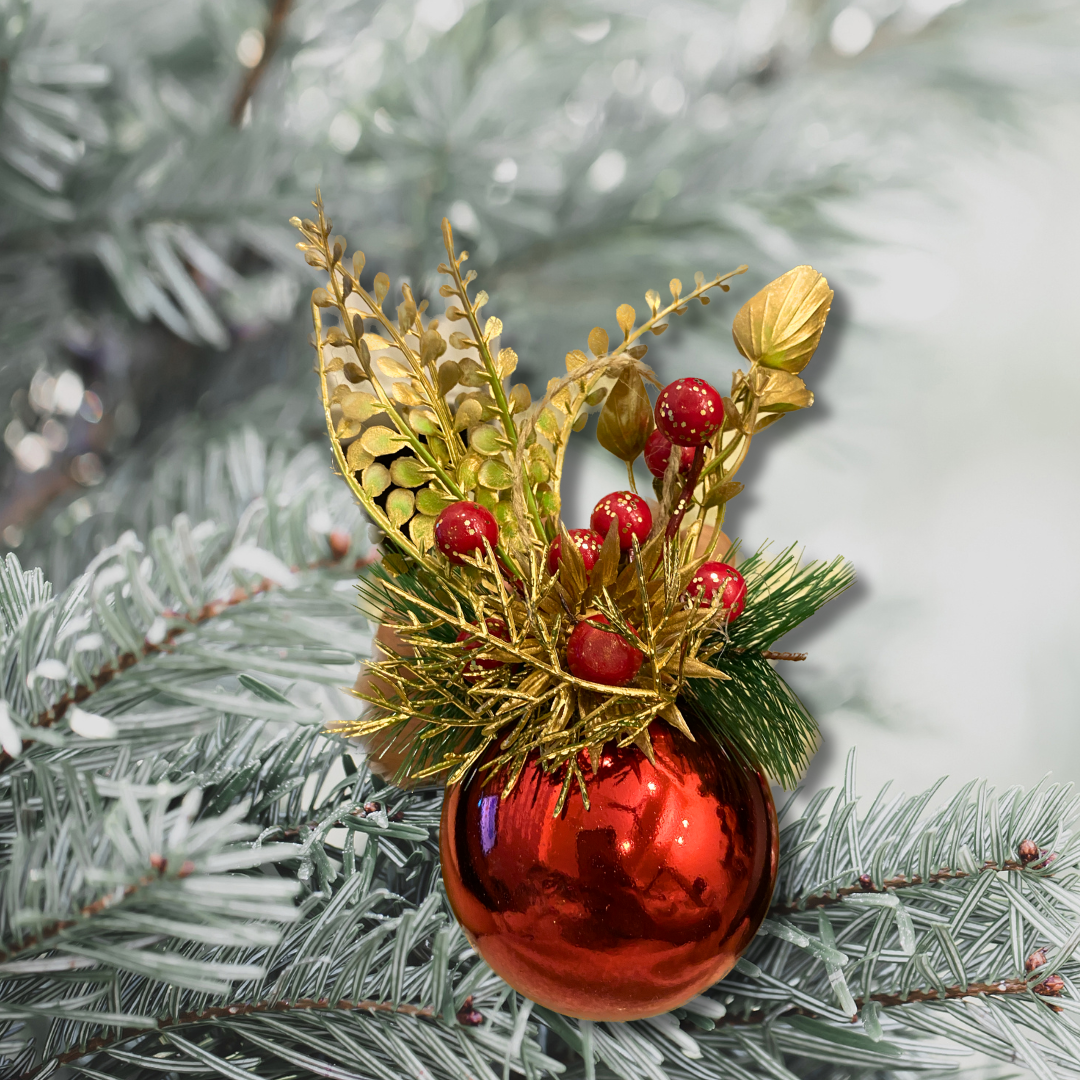 Christmas Tree Ornaments - Metallic Ball Hanging with Pine Red Cherry & Leaves - 1 PC