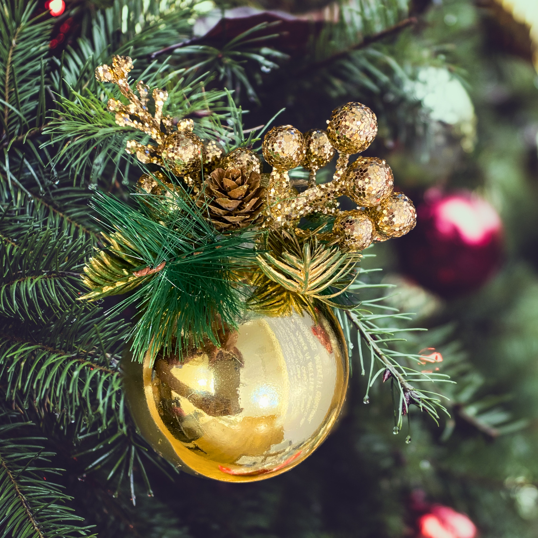 Christmas Tree Ornaments - Metallic Gold Ball Hanging with Pine Golden Cherry & Leaves - 1 PC