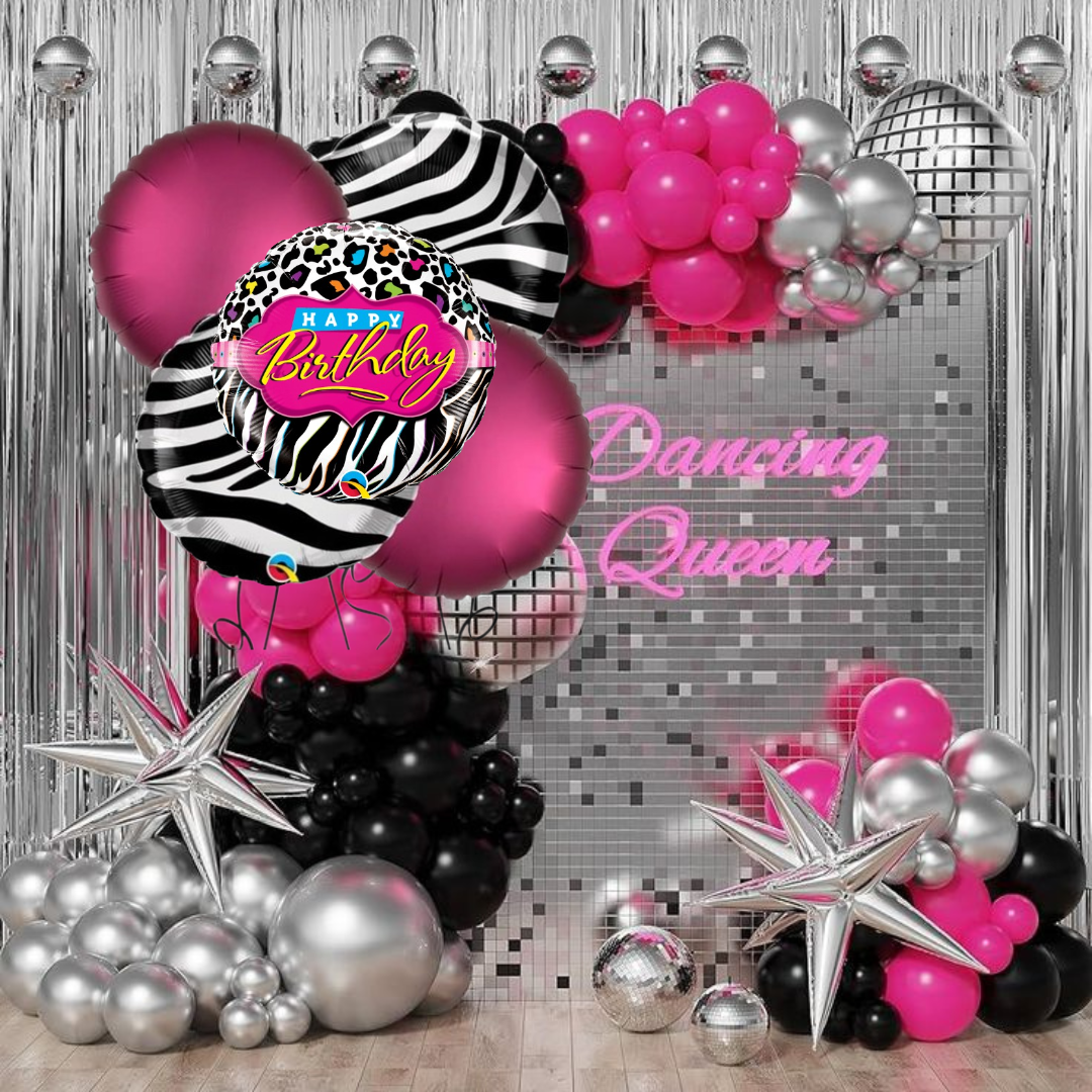 Happy Birthday Black &amp; White Set with Pink Round Balloons - 5PC