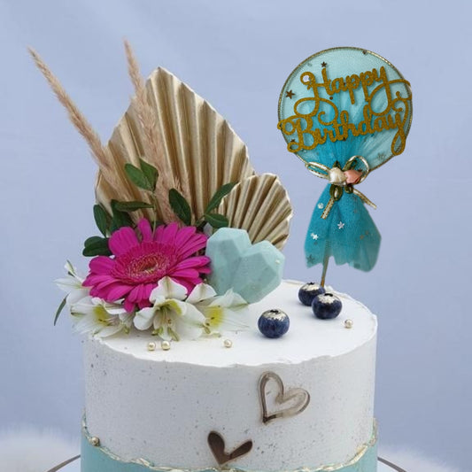 Happy Birthday Golden Cake Topper with Blue Net