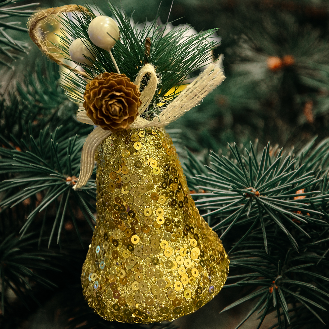 Christmas Tree Ornaments Golden Sequin Bell with Pine Cone Hanging - 3PC