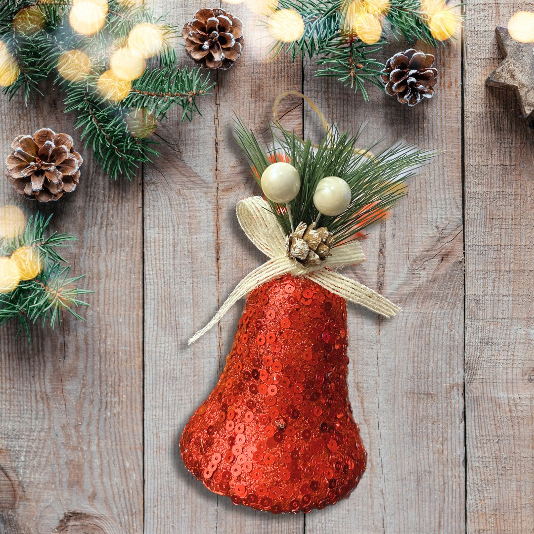 Christmas Tree Ornaments Red Sequin Bell with Pine Cone Hanging - 3PC