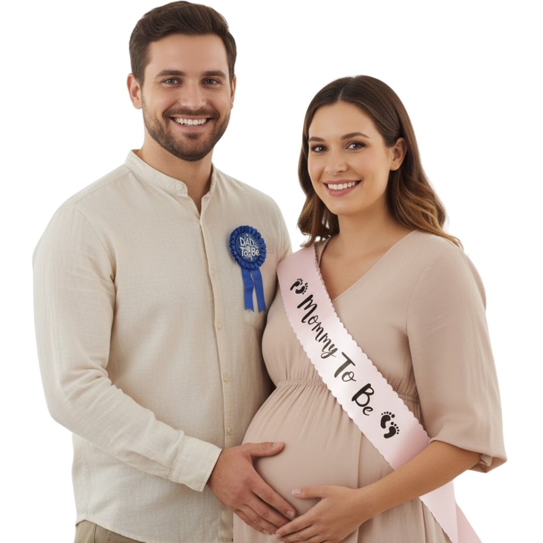 Dad To Be Blue Award Button w/  Mommy To Be  Pink Satin Sash Combo - 2PC