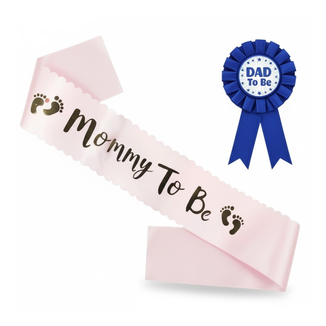 Dad To Be Blue Award Button w/  Mommy To Be  Pink Satin Sash Combo - 2PC