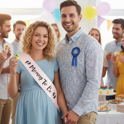 Dad To Be Blue Award Button w/  Mommy To Be  Pink Satin Sash Combo - 2PC