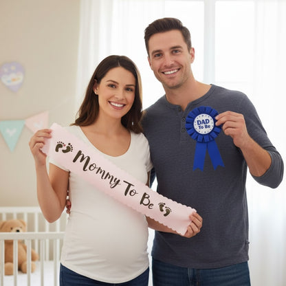 Dad To Be Blue Award Button w/  Mommy To Be  Pink Satin Sash Combo - 2PC