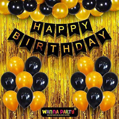 Happy Birthday Banner Decoration Kit including Birthday Banner, Foil Curtain and Black & Golden Balloons- Set of   34Pcs