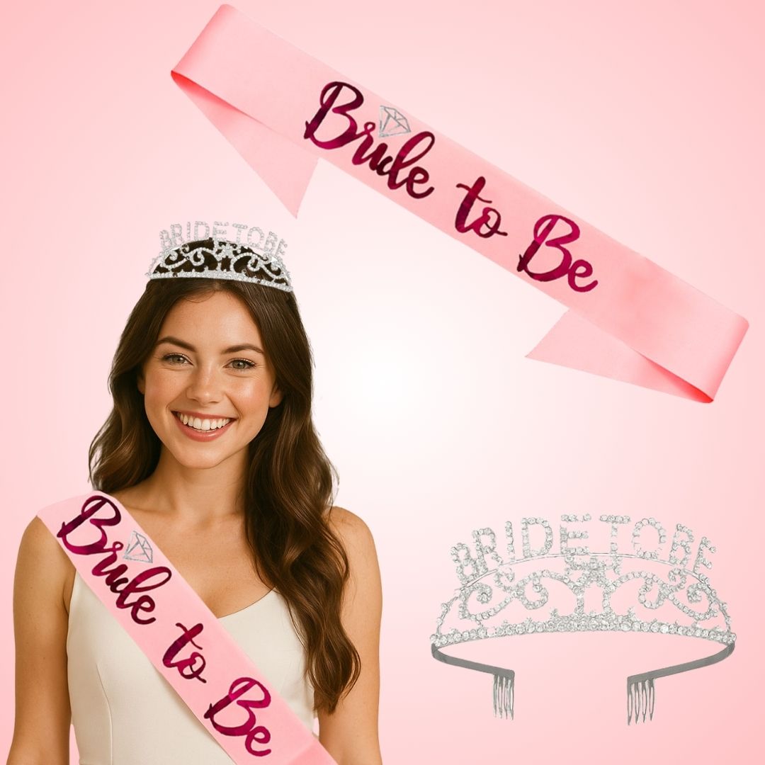 Bride to Be Crown Tiara and Bride to Be Sash Crystal Rhinestone Tiara Headband