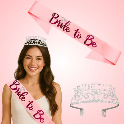 Bride to Be Crown Tiara and Bride to Be Sash Crystal Rhinestone Tiara Headband