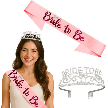Bride to Be Crown Tiara and Bride to Be Sash Crystal Rhinestone Tiara Headband