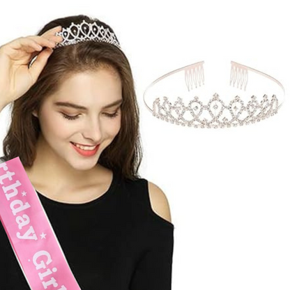 Wanna Party Birthday Sash & Rose Gold Rhinestone Tiara Kit -  Birthday Girl Sash&amp; Tiara