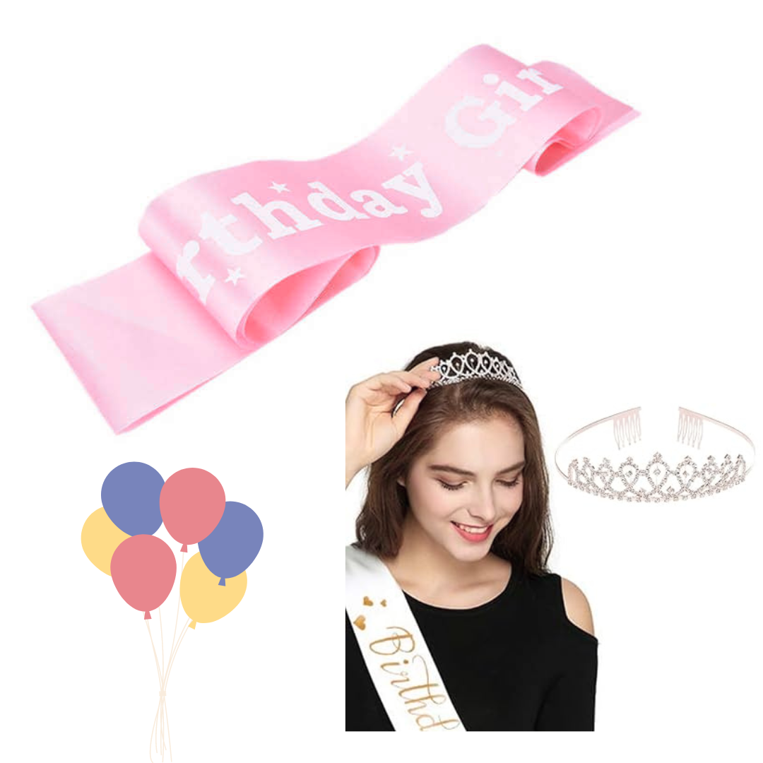 Wanna Party Birthday Sash & Rose Gold Rhinestone Tiara Kit -  Birthday Girl Sash&amp; Tiara