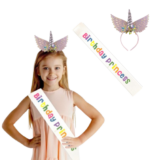 Unicorn Angel Birthday Girl Set of 2 Pcs-Silver Iridiscent Unicorn Headband And Satin Sash for Baby Girls