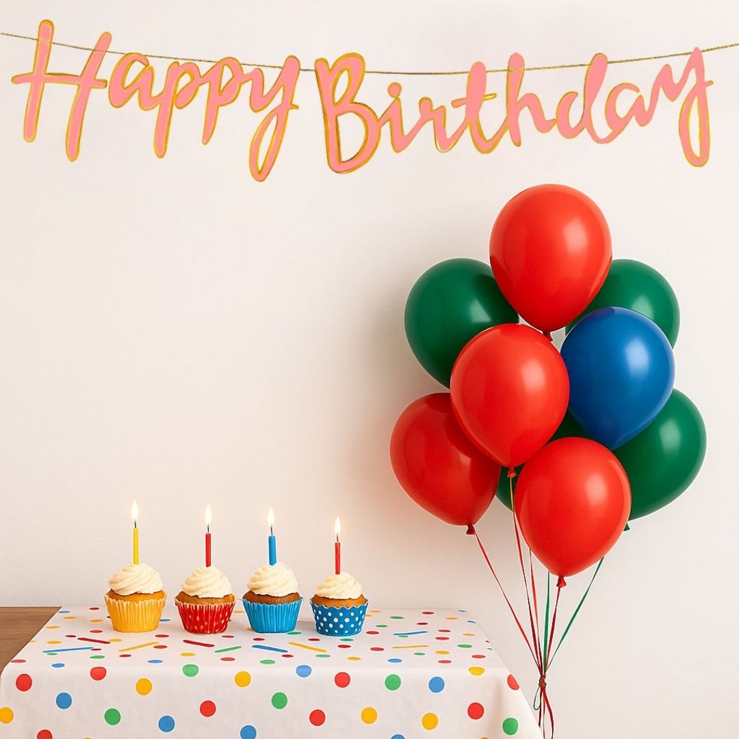 Macaron Happy Birthday Cursive Banner with Macoron Balloons and Wall Hooks Birthday Combo - Set of 13PC