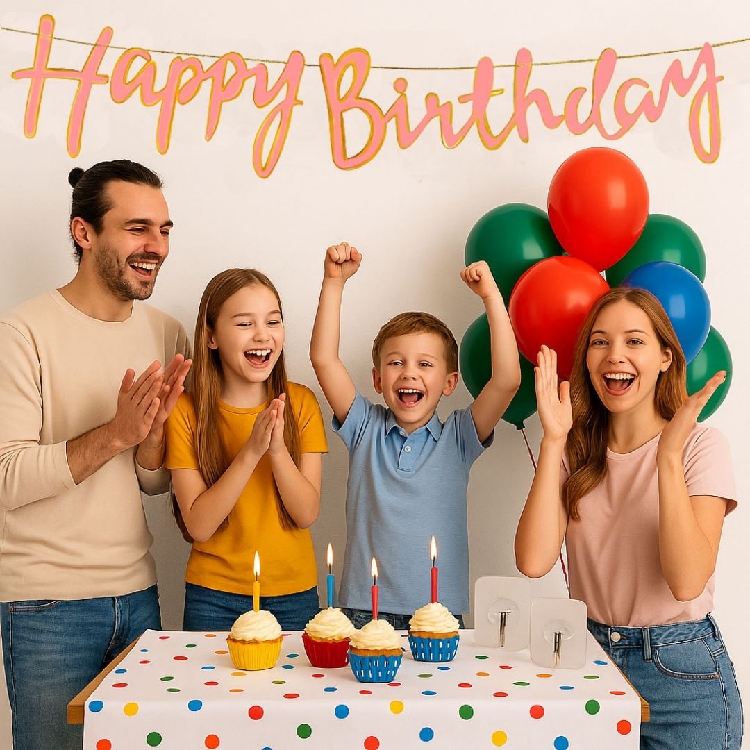 Macaron Happy Birthday Cursive Banner with Macoron Balloons and Wall Hooks Birthday Combo - Set of 13PC