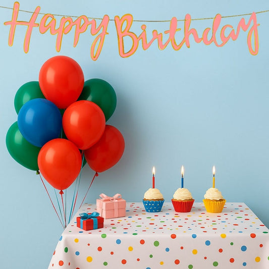 Macaron Happy Birthday Cursive Banner with Macoron Balloons and Wall Hooks Birthday Combo - Set of 13PC