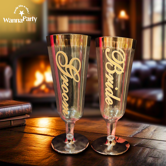 Customized Champagne Glasses Glossy Golden Color wi/ Bride & Groom Print - 2PC