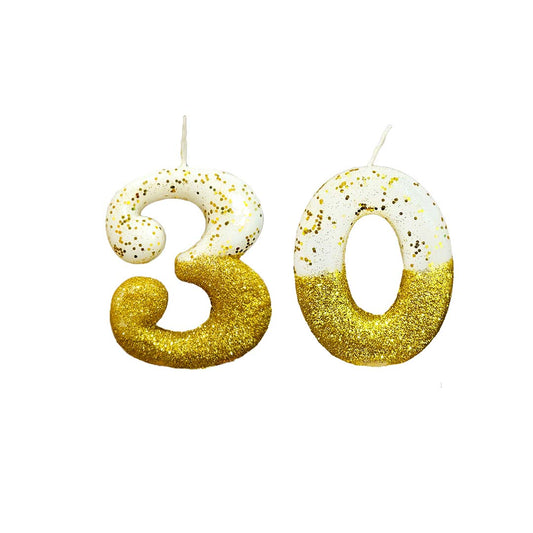 No. 30th Birthday Candle Gold & White w/ Glitter Dust - 1PC