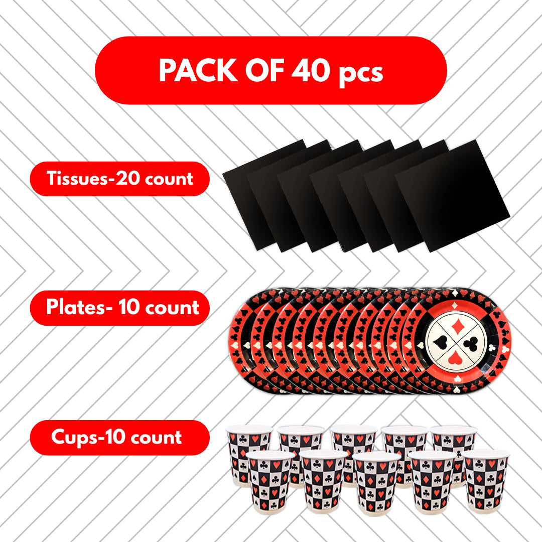 Card Party Theme Tableware Set w/ Plates, Cups & Napkins - 40PC