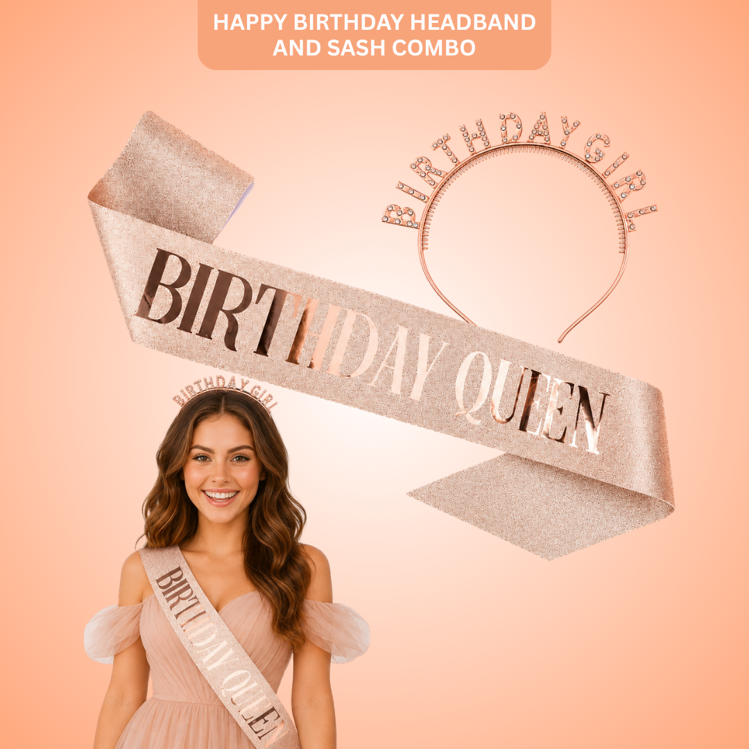 Happy Birthday Tiara Headband with Birthday Queen Sash Combo - 2PC