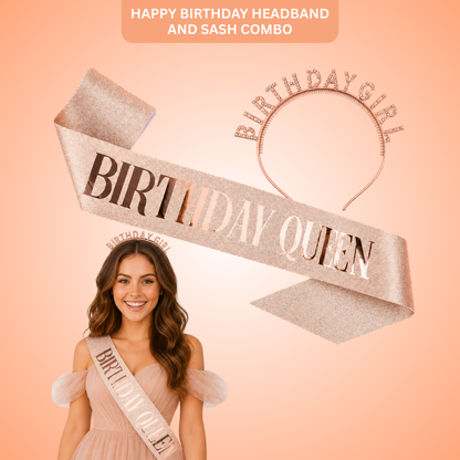 Happy Birthday Tiara Headband with Birthday Queen Sash Combo - 2PC