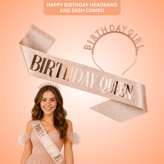 Happy Birthday Tiara Headband with Birthday Queen Sash Combo - 2PC