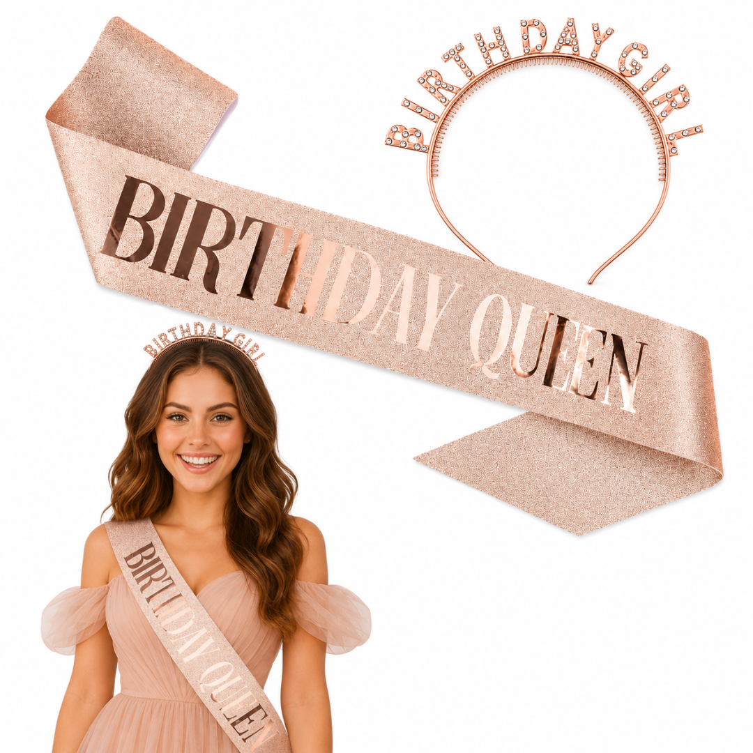 Happy Birthday Tiara Headband with Birthday Queen Sash Combo - 2PC