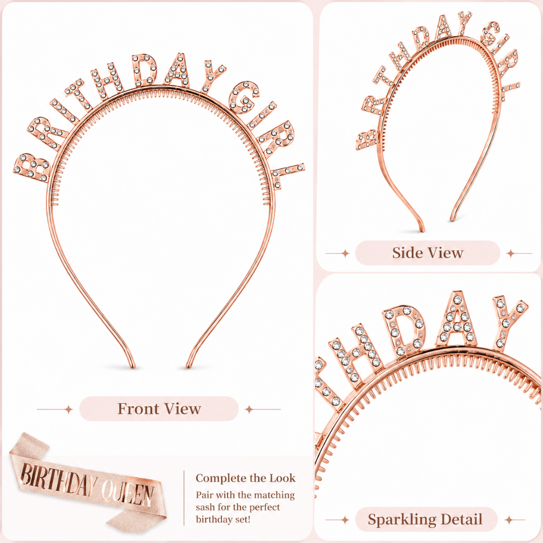 Happy Birthday Tiara Headband with Birthday Queen Sash Combo - 2PC
