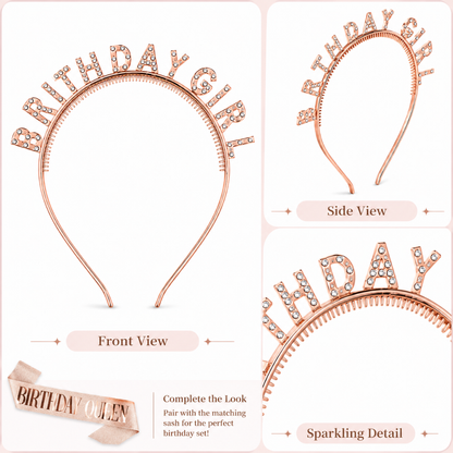 Happy Birthday Tiara Headband with Birthday Queen Sash Combo - 2PC