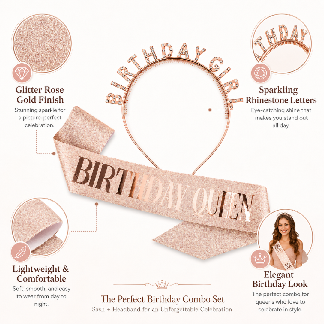 Happy Birthday Tiara Headband with Birthday Queen Sash Combo - 2PC
