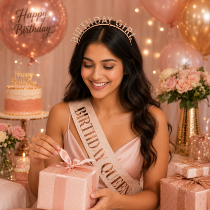 Happy Birthday Tiara Headband with Birthday Queen Sash Combo - 2PC