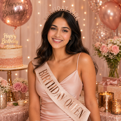 Happy Birthday Tiara Headband with Birthday Queen Sash Combo - 2PC