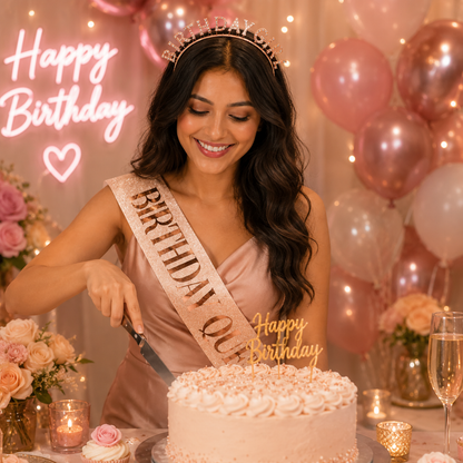 Happy Birthday Tiara Headband with Birthday Queen Sash Combo - 2PC