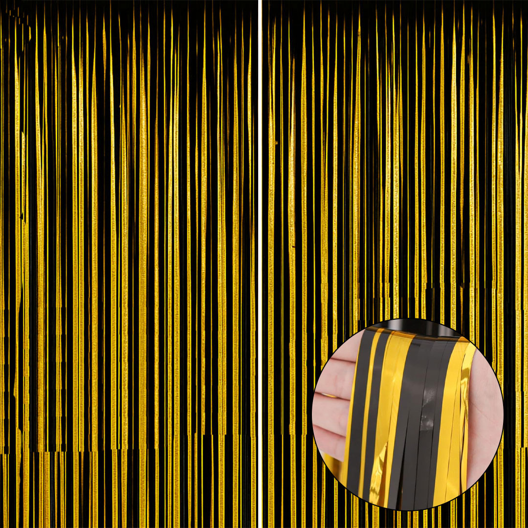 Wanna Party Black Gold 2 Pack Metallic Tinsel Foil Fringe Curtains, 3x6 Feet Black Gold Streamers for Party, Door Streamers Party Decorations, Party Streamers for Birthday Christmas Party Decorations