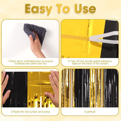 Wanna Party Black Gold 2 Pack Metallic Tinsel Foil Fringe Curtains, 3x6 Feet Black Gold Streamers for Party, Door Streamers Party Decorations, Party Streamers for Birthday Christmas Party Decorations