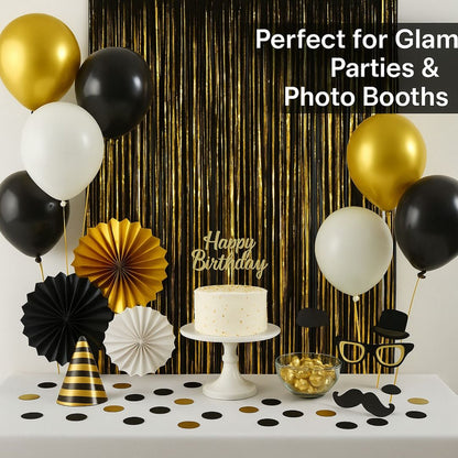 Wanna Party Black Gold 2 Pack Metallic Tinsel Foil Fringe Curtains, 3x6 Feet Black Gold Streamers for Party, Door Streamers Party Decorations, Party Streamers for Birthday Christmas Party Decorations