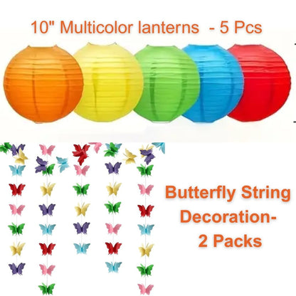 Pack of 7 Vibrant Paper Lanterns & Butterfly Decoration Set