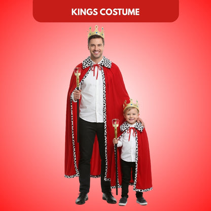 King Costume Set - Red Cloak, Golden Crown And Scepter Set Prince Capes Halloween Costume - Free Size