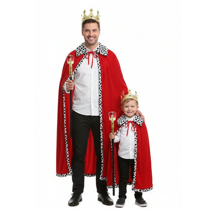 King Costume Set - Red Cloak, Golden Crown And Scepter Set Prince Capes Halloween Costume - Free Size