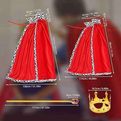 King Costume Set - Red Cloak, Golden Crown And Scepter Set Prince Capes Halloween Costume - Free Size