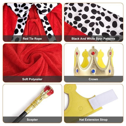 King Costume Set - Red Cloak, Golden Crown And Scepter Set Prince Capes Halloween Costume - Free Size
