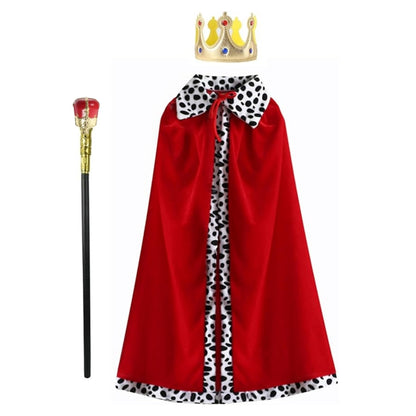 King Costume Set - Red Cloak, Golden Crown And Scepter Set Prince Capes Halloween Costume - Free Size