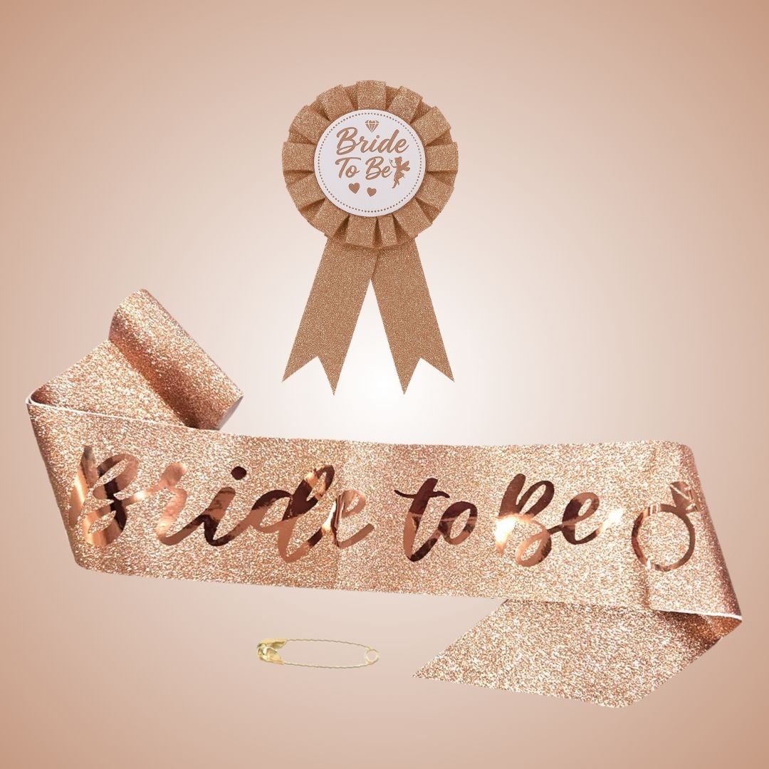 Bride to Be Sash and Rose Gold Badge Pin Kit - Set of 2