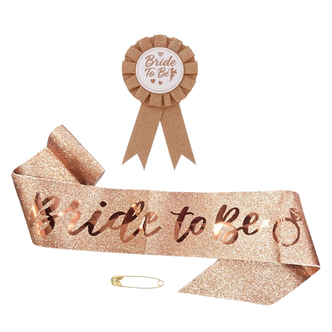 Bride to Be Sash and Rose Gold Badge Pin Kit - Set of 2