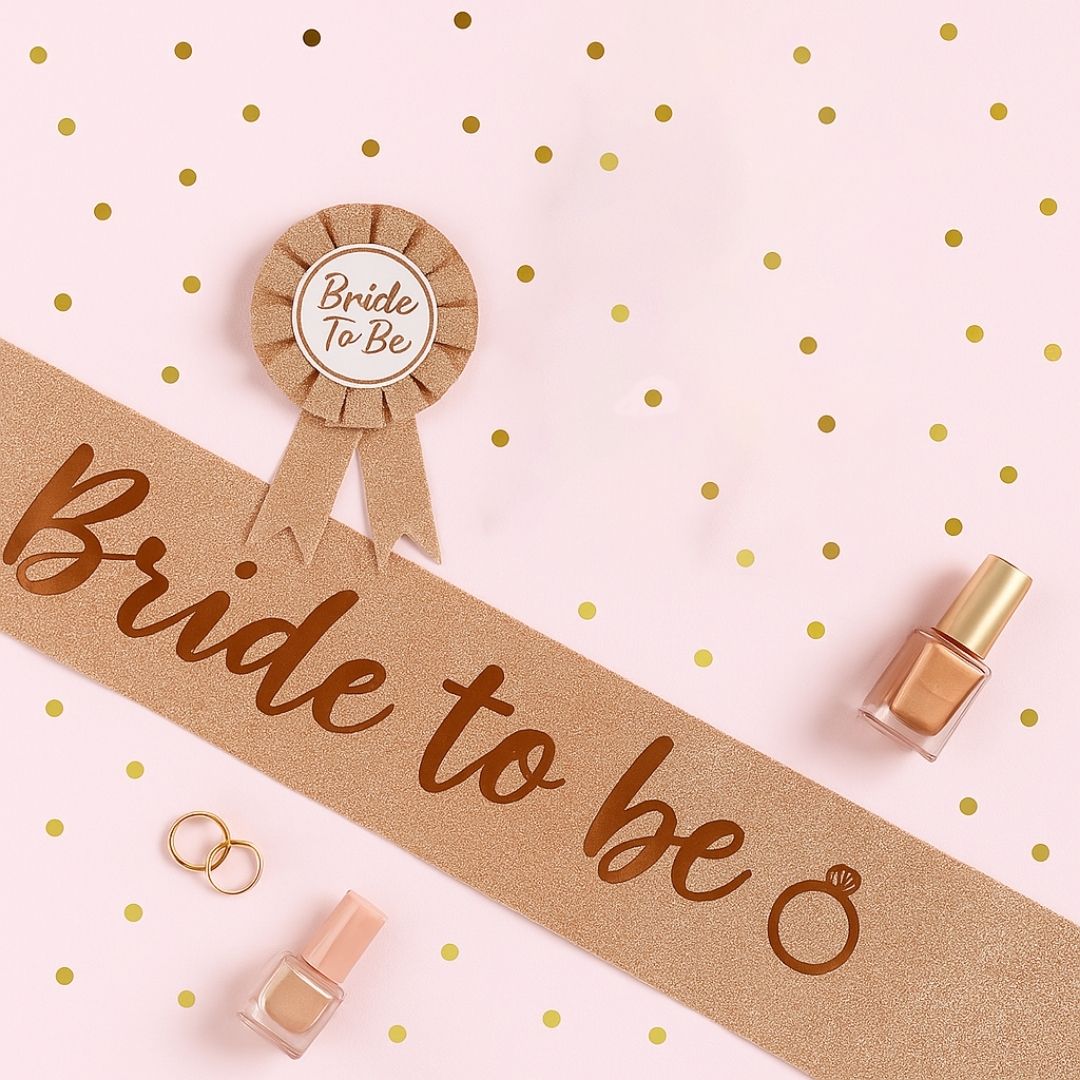 Bride to Be Sash and Rose Gold Badge Pin Kit - Set of 2
