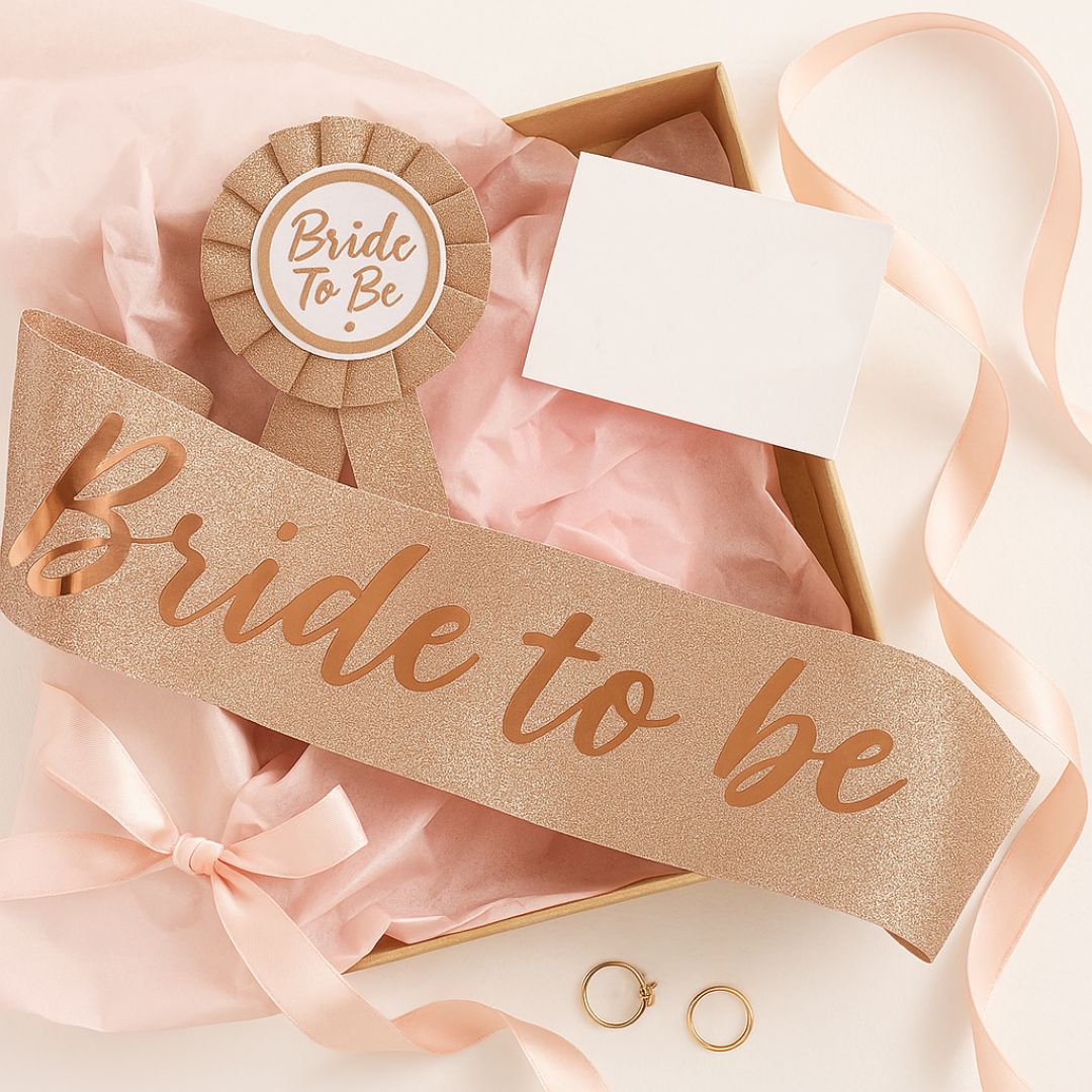 Bride to Be Sash and Rose Gold Badge Pin Kit - Set of 2