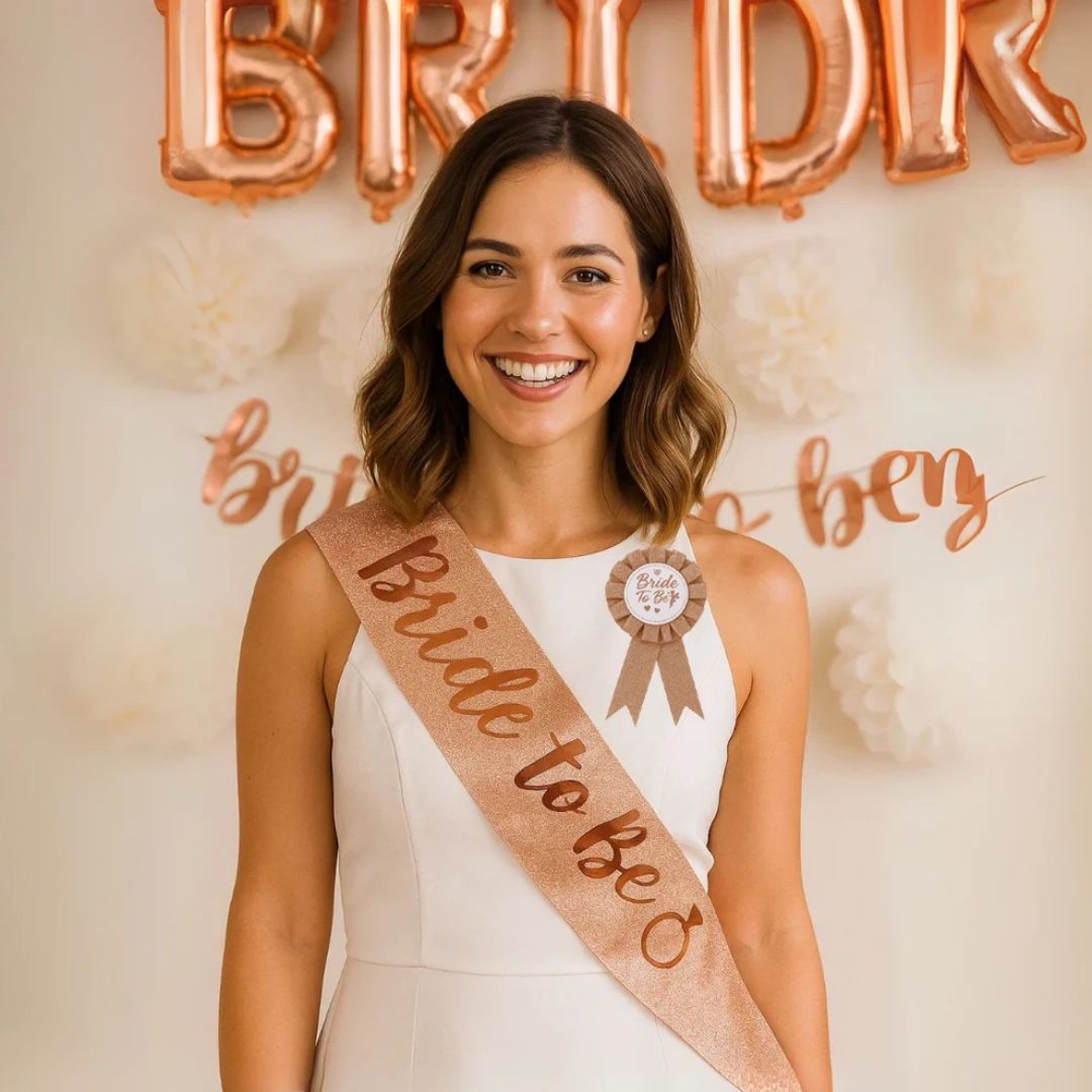 Bride to Be Sash and Rose Gold Badge Pin Kit - Set of 2