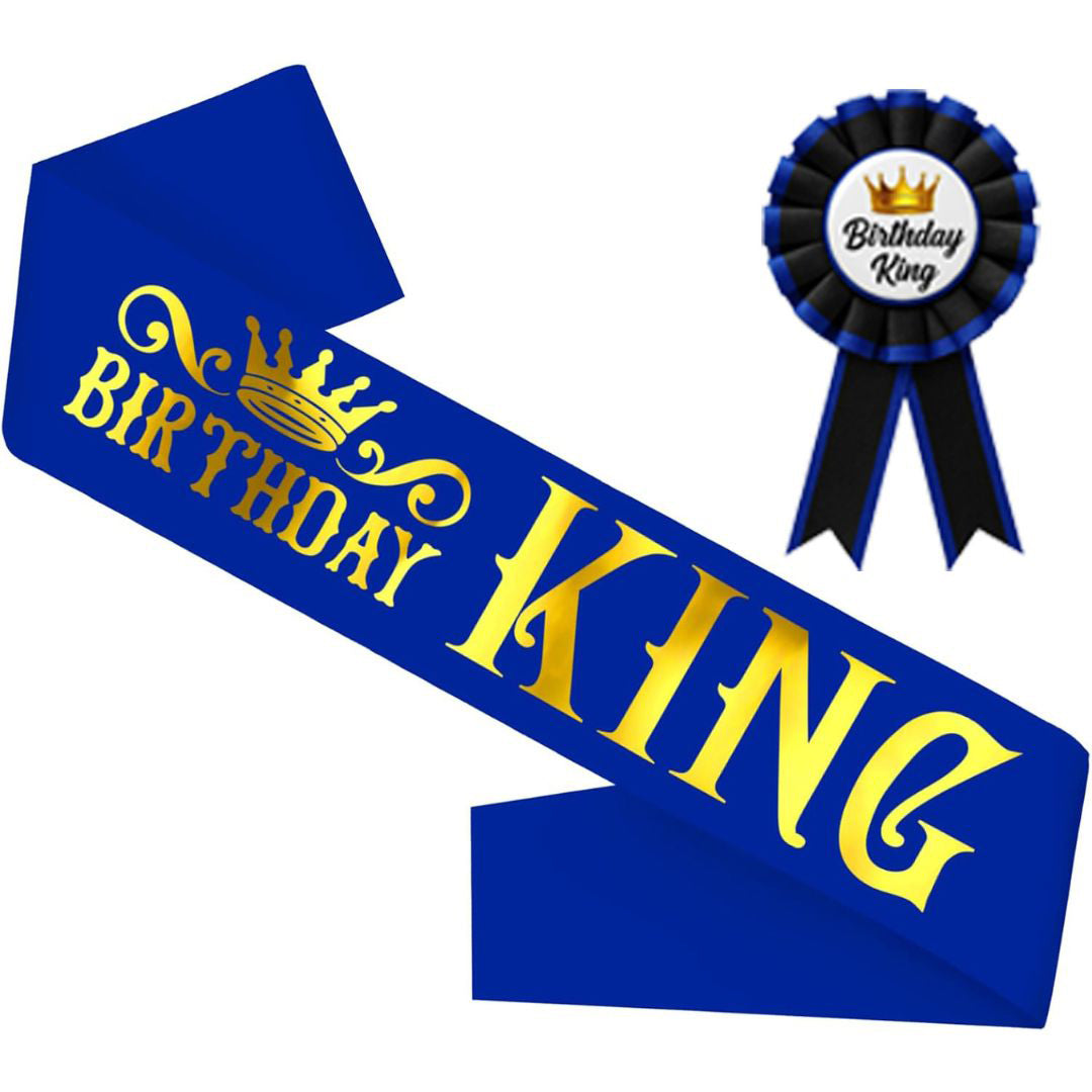Birthday King Sash & Birhday Crown and  Birthday Boy Badge Award Ribbon Button Pin Combo Kit - Set of 3