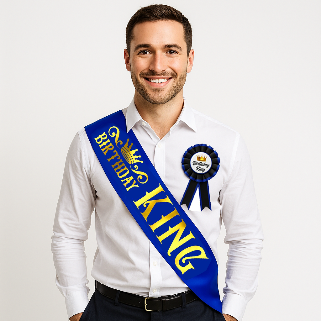 Birthday King Sash & Birhday Crown and  Birthday Boy Badge Award Ribbon Button Pin Combo Kit - Set of 3